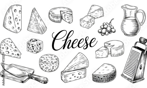 Collection of cheese types, grapes, milk jug, grater and knife, black and white sketch, vintage style, food theme