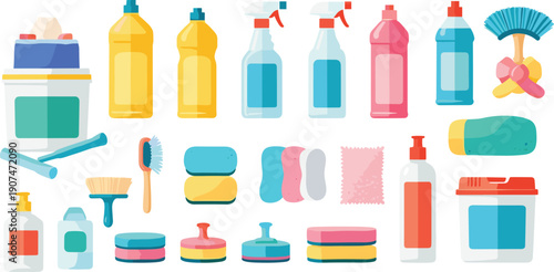 Grid of colorful cleaning supplies including spray bottles, sponges, brushes, cloths, and detergents, symbolizing household chores, hygiene, and organization