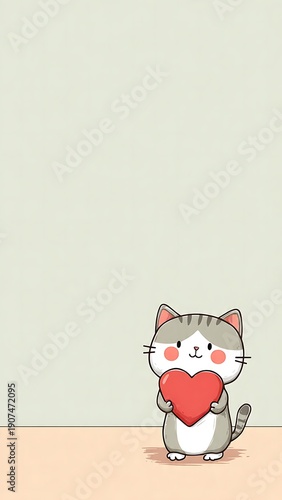 Cute cat holding heart on valentine's day with three vertical blank green screen displays suitable for greeting card