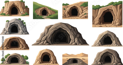 Set of twelve illustrated cave entrances with diverse landscapes, rock formations, vegetation, and terrains, symbolizing geology, nature, and exploration