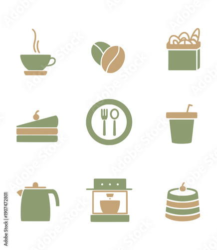 Minimalist Coffee Shop and Bakery Icon Set in Earth Tones