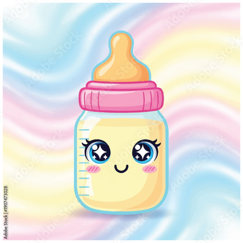 Cute Cartoon Baby Bottle with Smiling Face.