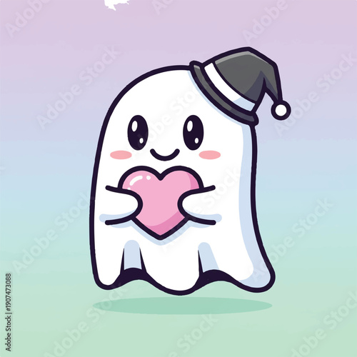 Cute Cartoon Ghost Holding Heart Shaped Love.