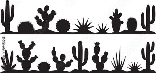 Cactus silhouettes border set desert plants and succulents in black and white