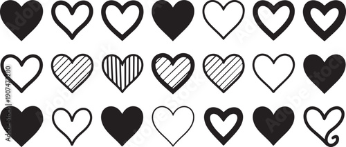 Variety of heart shapes including solid filled outlines and patterned styles
