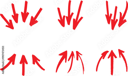 Hand drawn red arrow brush set. Grunge rough direction shape for design. Various red brush curved arrows. Grunge arrow paint different direction vector illustration.