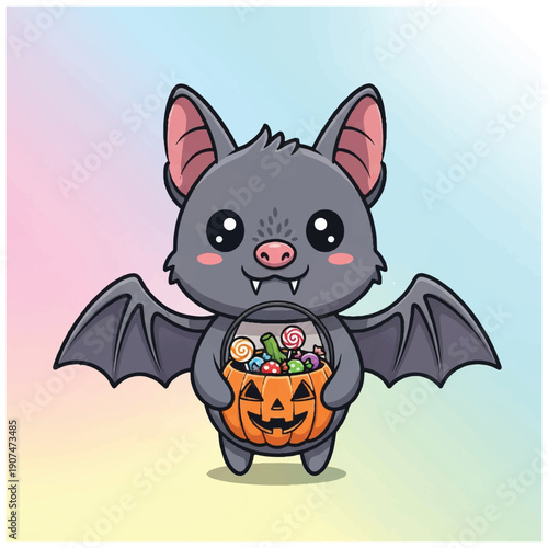 Cute Cartoon Bat Holding Pumpkin Lantern.