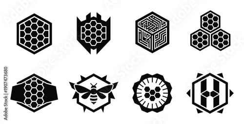 Collection of honeycomb vector logos and labels with bee symbols for honey products