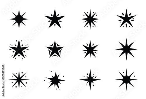 Collection of sparkling star burst vector icons isolated on transparent background