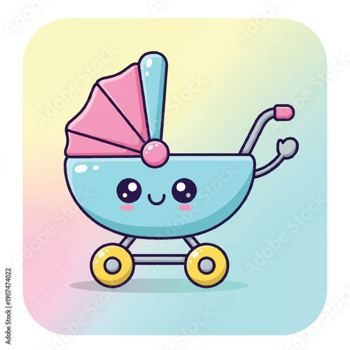 Cute Cartoon Baby Stroller with Pink Umbrella.