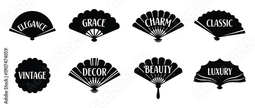 Fan logo set beauty elegance grace and luxury symbol for asian chinese or japanese style in black