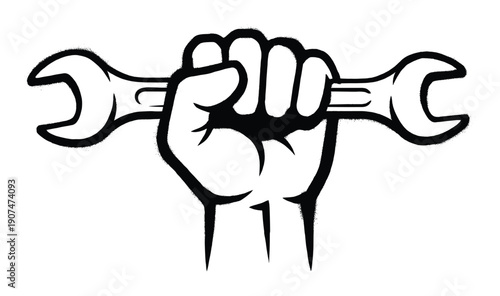 Fist holding wrench tool in air symbolizing power work labor concept on transparent backdrop