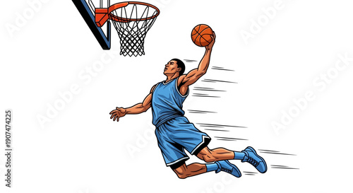 Dynamic basketball player dunking ball in mid-air with motion lines