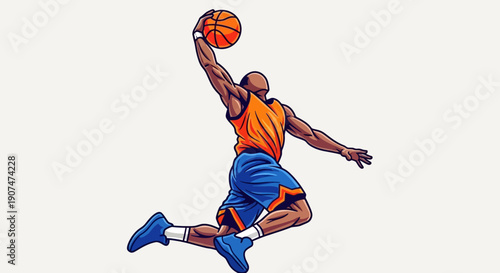 Dynamic basketball player in mid-air dunking ball with authority