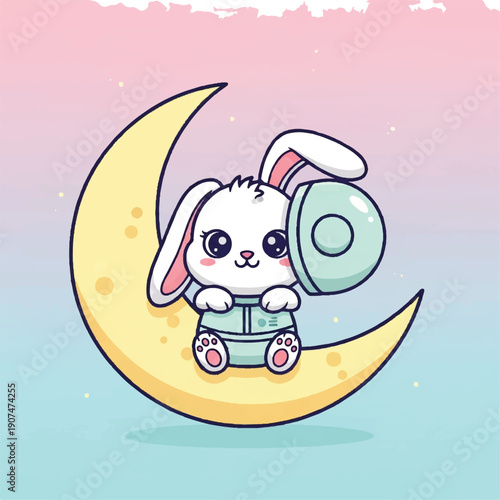 Cute Cartoon Rabbit Sitting on Crescent Moon.