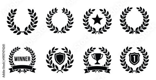 Laurel wreath vector set for heraldic design or sports awards and victory celebration in silhouette