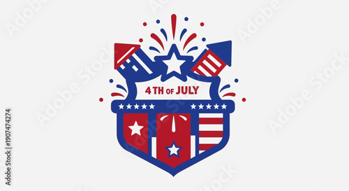 Vibrant 4th of July shield icon with fireworks and American flags