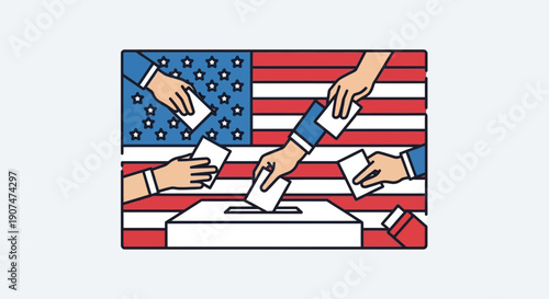 People casting ballots into a box with American flag background