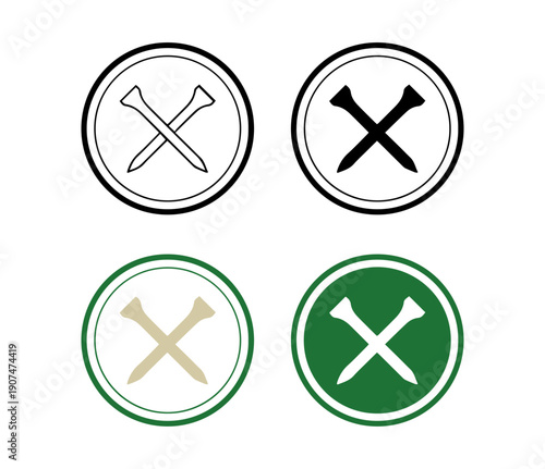 Crossed golf tees icons set, flat black and beige equipment symbols in circles for golf club competition and sports vector illustration