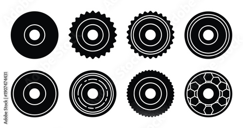 Set of abstract gears cogwheels disks round circle design vector illustration black isolated on transparent background