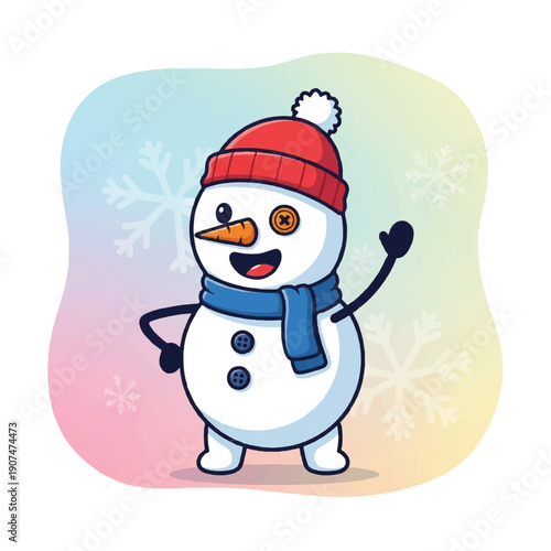 Happy Cartoon Snowman Wearing Red Hat.