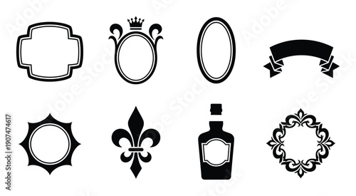 Set of diverse vintage design elements frames banners fleur de lis and bottles