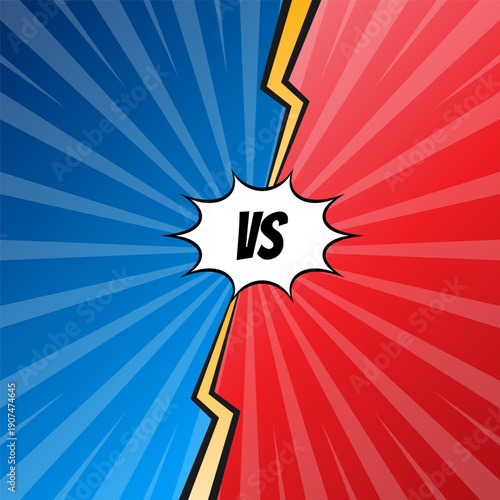 Retro comic book style versus background. Red and blue split screen with yellow lightning bolt and VS letters in a speech bubble. Vector illustration for battle or competition concepts.