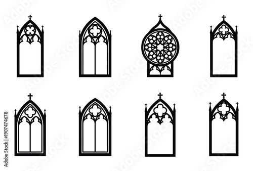Set of eight gothic windows with crosses religious architectural ornate glass element design