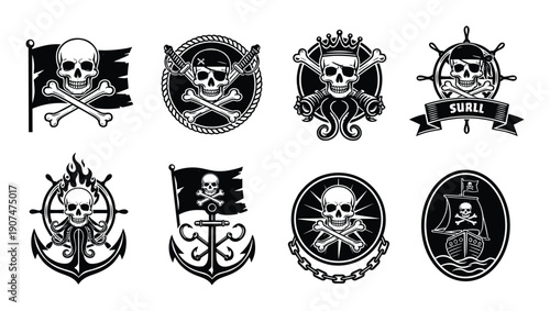 Set of pirates emblem tattoo in monochrome style skull swords anchor ship wheel vector illustration