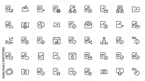 Business and Performance icon set. Vector symbols for dislike, laptop, graph, mail, cloud, analysis, calendar, share, secure, folder and more. Editable stroke.