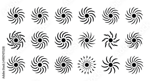 Set of spiral sun silhouette vector design with decorative design elements and abstract forms