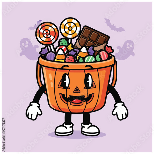 Halloween Pumpkin Bucket Filled with Sweets.