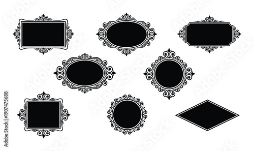 Set of vintage silhouette frames vector design with decorative elements and filigree details