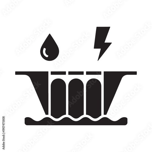 A black glyph depicting a dam with water lightning and a droplet