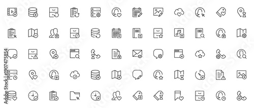 Interaction icon set. Minimal vector icons pack. Includes symbols for video player, database, archive, notepad, server, user, calendar, cloud computing and more. Editable stroke.