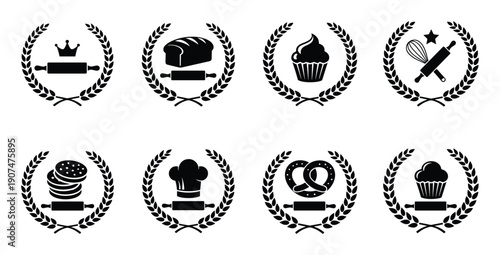 Vector collection of bakery related laurel wreaths isolated on transparent background for web design