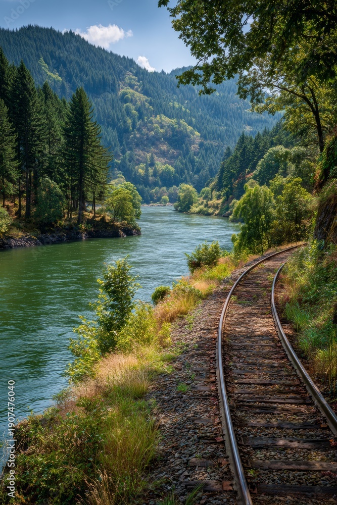 Fototapeta premium River flows alongside railroad tracks in a forest on a summer afternoon in a natural setting