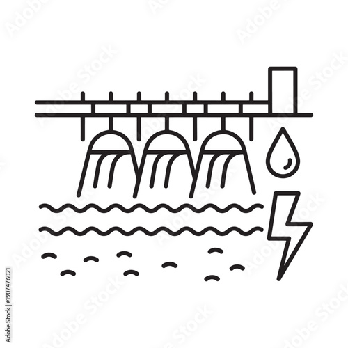 Hydroelectric dam illustration with water electricity and droplets