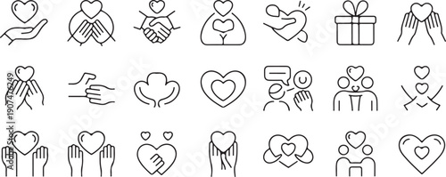 heart line icons hands holding gift speech bubble handshake