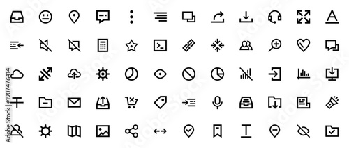 Smartphone Essentials icon set. Minimal linear vector icons pack. Includes inbox, chat, settings, user, folder, cloud, microphone, shopping cart and more. Editable stroke.