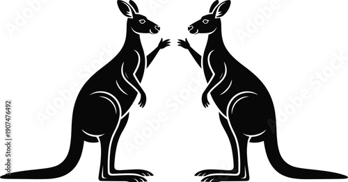 Two kangaroo silhouettes facing each other vector illustration Australian wildlife animal mascot logo black tribal style isolated graphic design