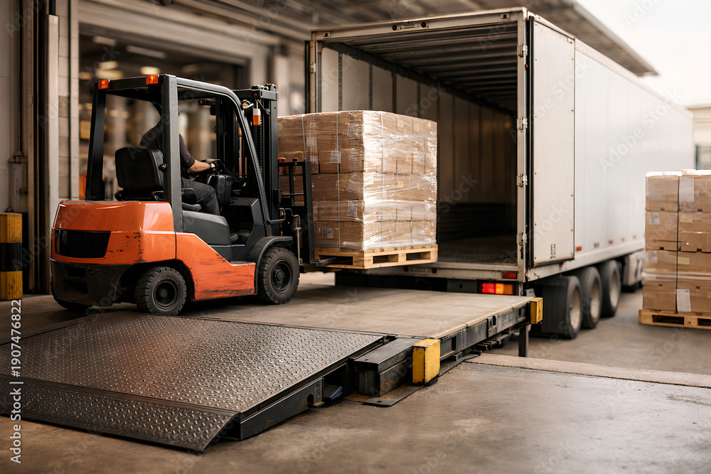 Naklejka premium Forklift Loading Pallet into Cargo Truck at Warehouse Distribution Center