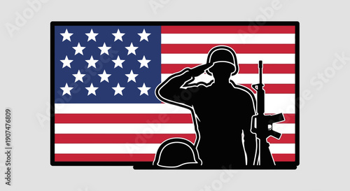 Soldier saluting in front of American flag with rifle and helmet