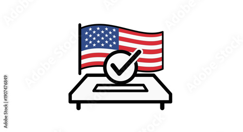 American flag waving behind a ballot box with a checkmark
