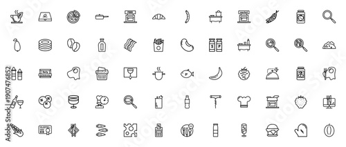 Food icon set. Vector illustration of culinary items including tea cup, pizza, avocado, burger, chef hat and more. Editable stroke icons for restaurant, market, cooking and dining themes.