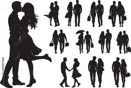 Photos Set of standing people silhouettes, men and women fashion poses isolated on whit