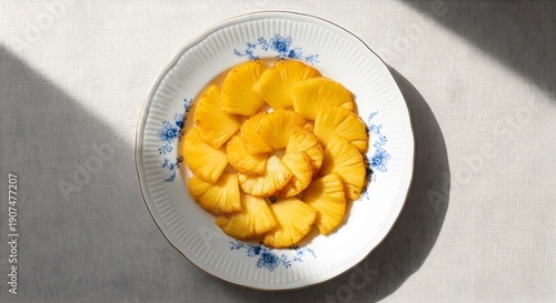 Sliced pineapple on white porcelain plate with blue floral pattern