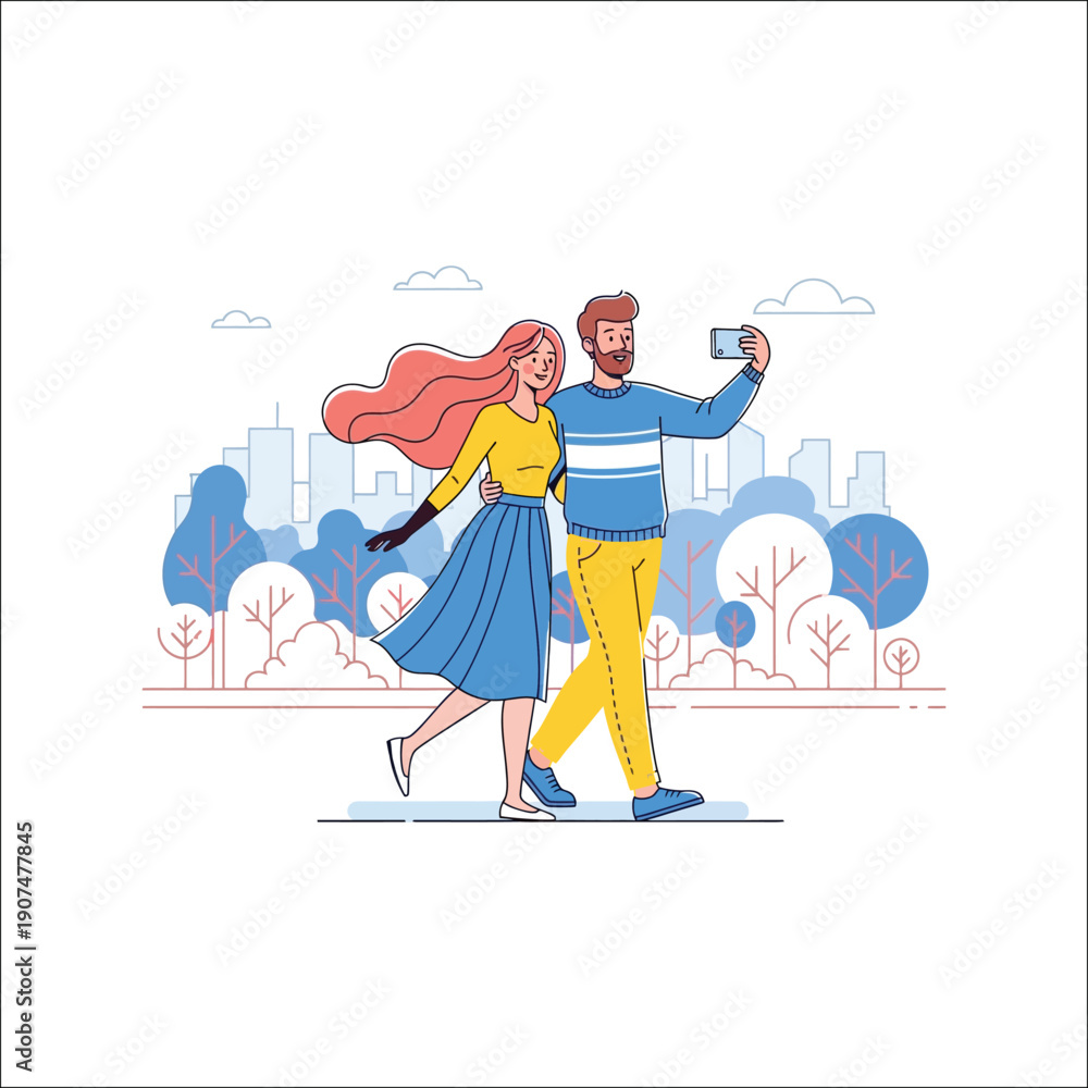 Obraz premium Flat vector illustration of a young couple walking together