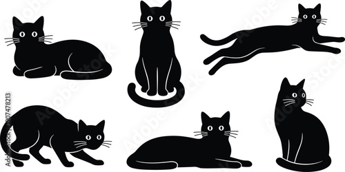 Set of Black Cat Silhouettes in Various Dynamic Poses Including Sitting Running Stretching and Lying Down Isolated on White Background for Animal Lovers and Creative Design Projects