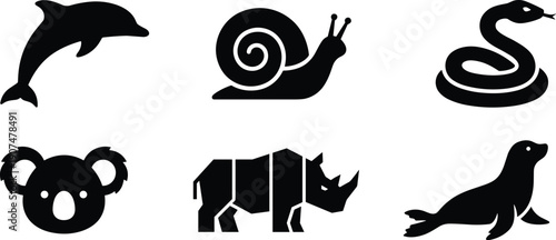 Diverse Black Silhouette Collection Featuring Dolphin Snail Snake Koala Rhinoceros and Sea Lion for Wildlife Conservation Nature Education Animal Research and Creative Graphic Design Projects